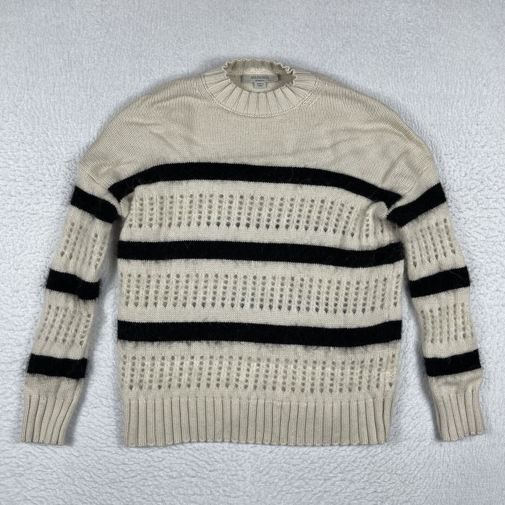AllSaints Sweater Womens XS Beige Black Striped Siddons Jumper Wool Alpaca Top‎